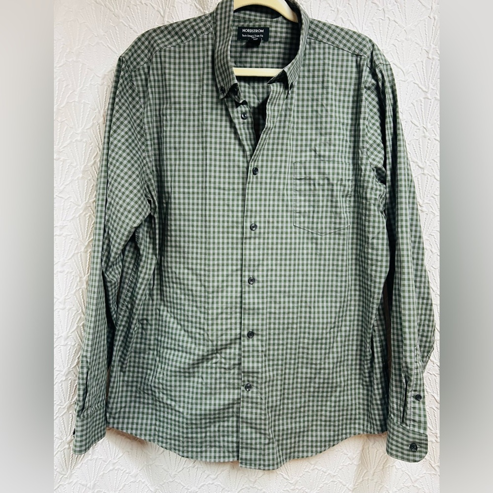 Nordstrom Olive Checkered Tech-Smart Shirt Xl